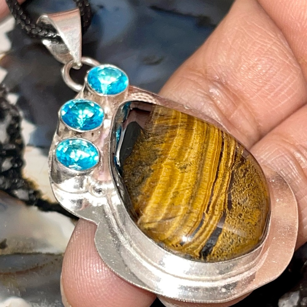 Golden Brown Tiger Eye & Blue Accent Beads Pendant 2 1/4”